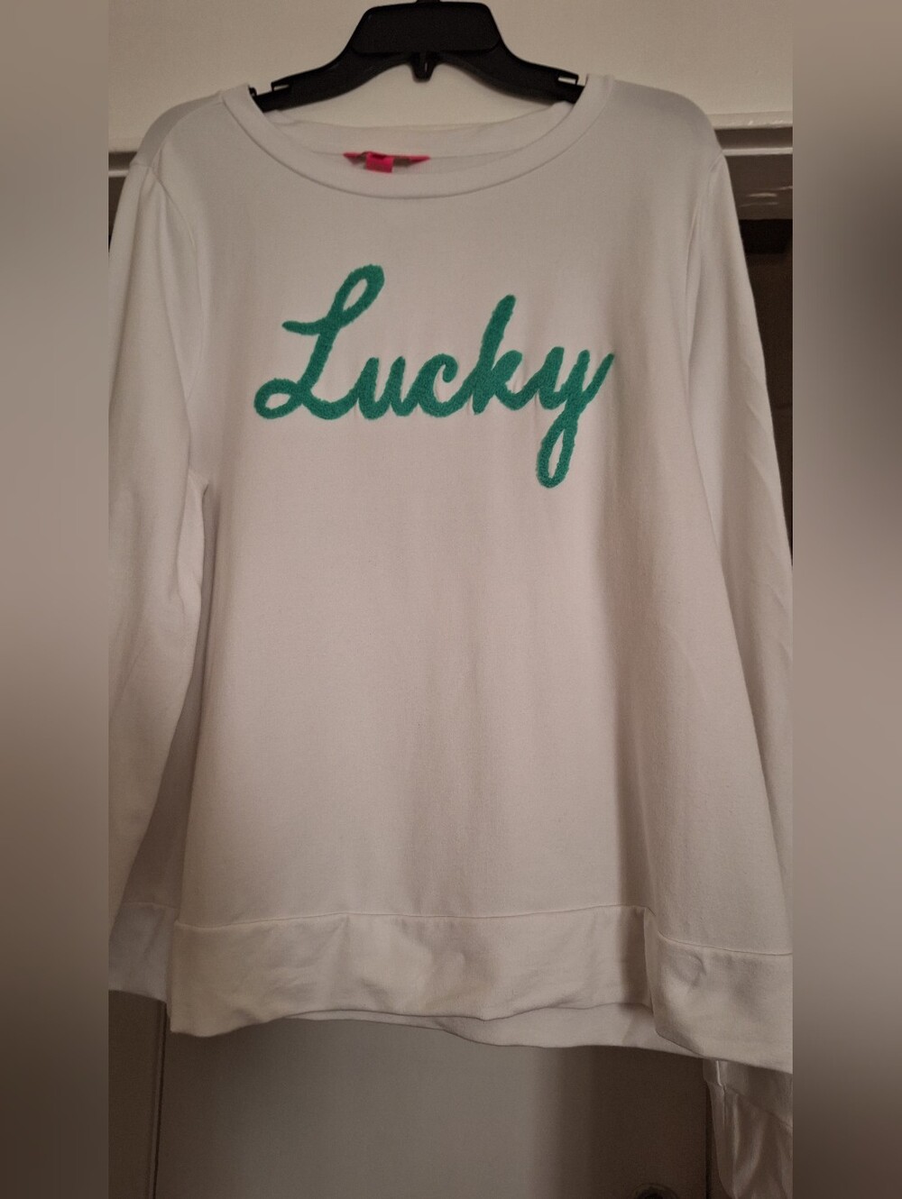 Lilly Pulitzer White Sweatshirt with Green 'Lucky' Script